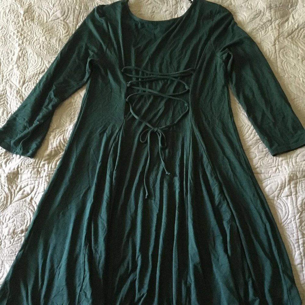 Green Lace-Up 3/4 Sleeve Mini Dress